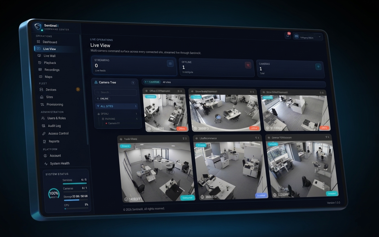 SentinelX Live View dashboard with multi-camera grid